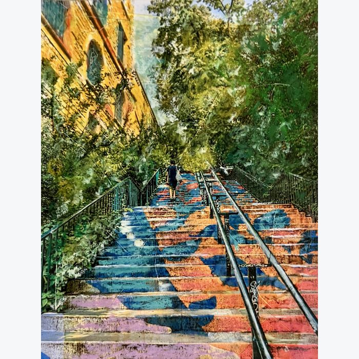 Lyon, les escaliers de la Croix Rousse : tableau ou s'entrecroisent peinture et photo