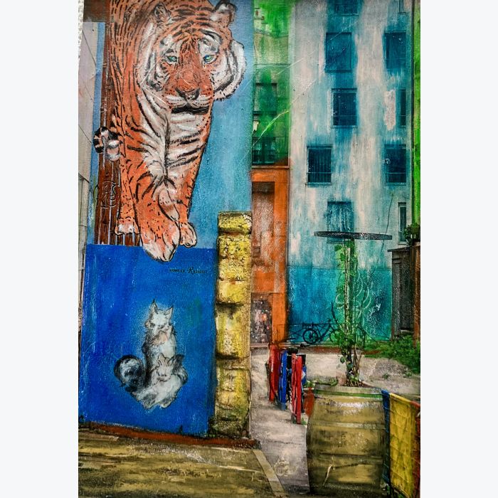 Ménilmontant, street art : tableau ou s'entrecroisent peinture et photo