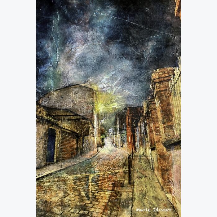 Rue Laurence Savart, la nuit, Ménilmontant : tableau ou s'entrecroisent peinture et photo