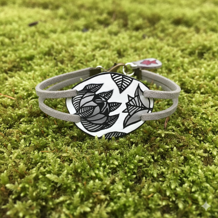 Bracelet dessiné sur polycarbonate motifs feuilles ou corail rouge