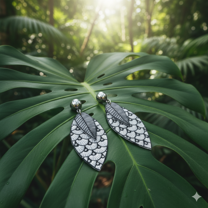 Boucles d'oreilles feuilles grand modèle motif écailles