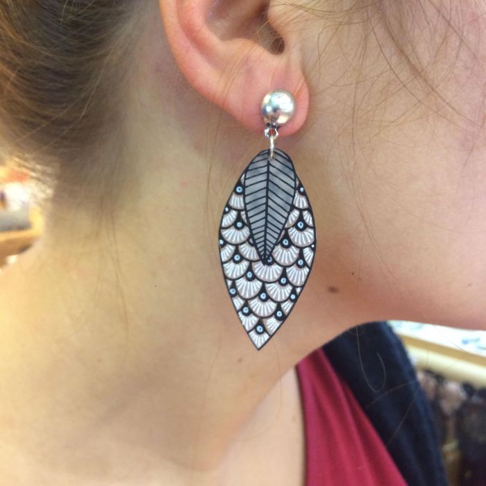 Boucles d'oreilles feuilles grand modèle motif écailles