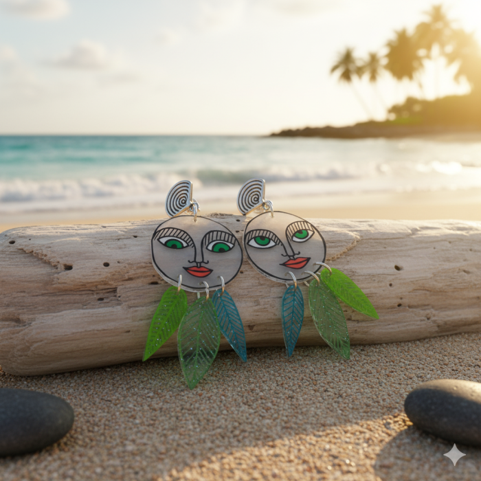 Boucles d'oreilles visage avec trois feuilles