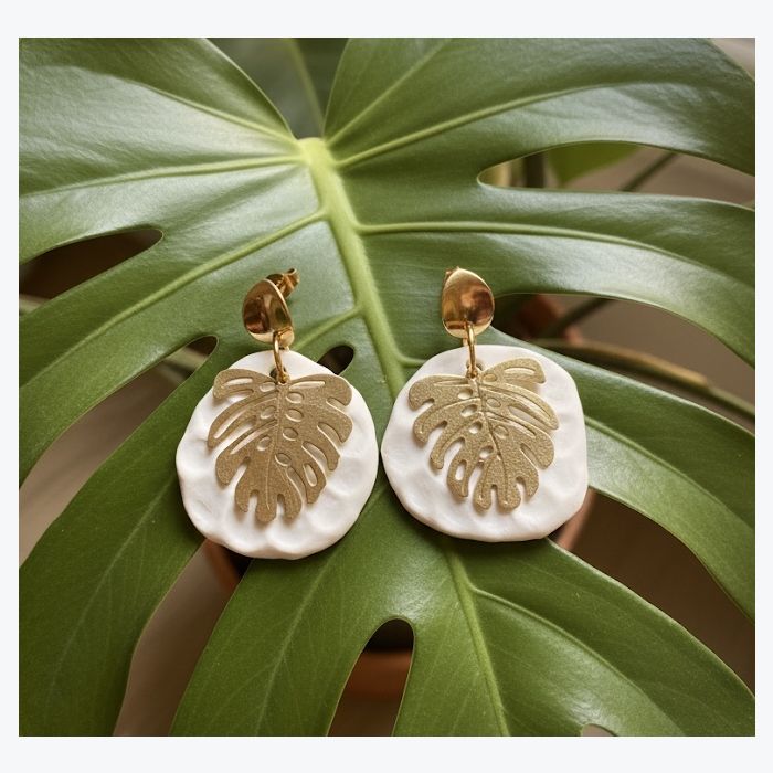 Boucles d’oreilles feuille de monstera en porcelaine blanche