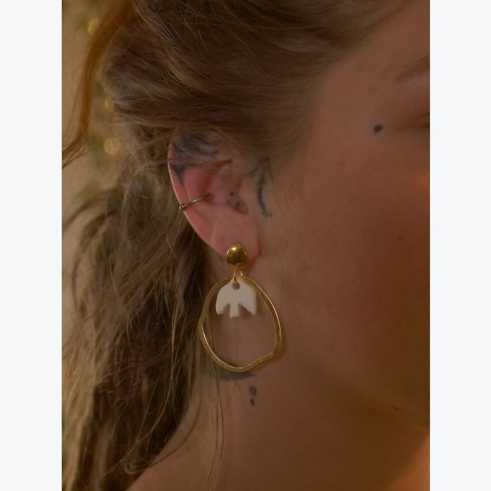 Boucles d’oreilles colombes en porcelaine et cercle en acier dépoli