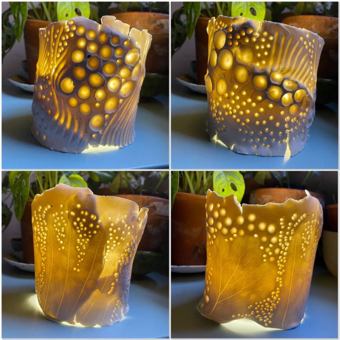 Photophores en porcelaine avec impressions de feuilles