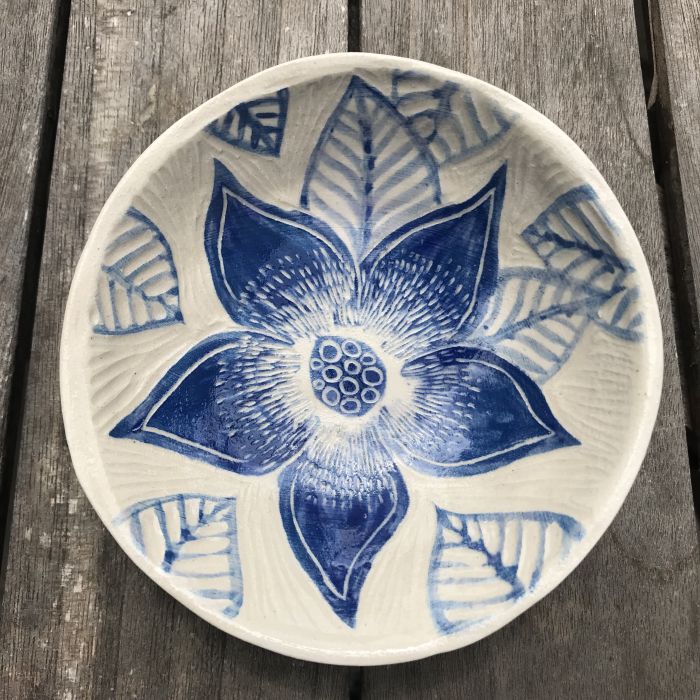 Feuilles et Fleurs - Coupelle en grès céramique décorée à la main pièce unique
