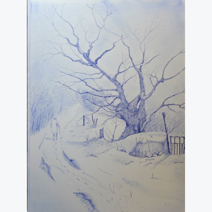 Dessin original d'un paysage sous la neige au stylo à bille