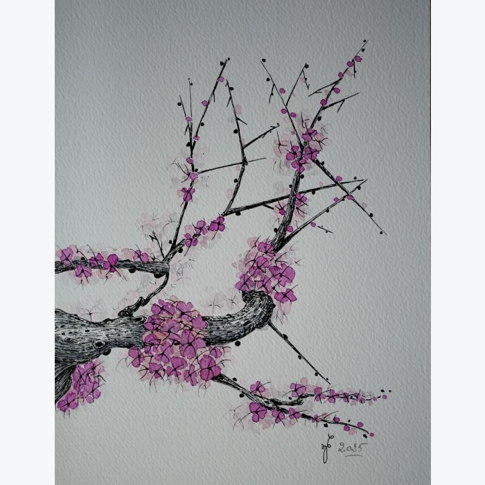 Dessin original d'une branche de cerisier japonais encre et aquarelle