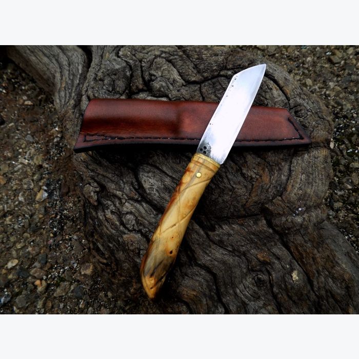 Couteau droit en Buis et Laiton, Lame sandwich.