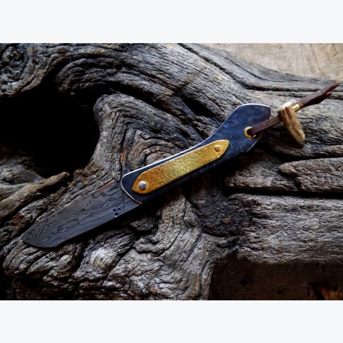 Couteau pliant 2 clous, lame damas & manche en Inox & Laiton