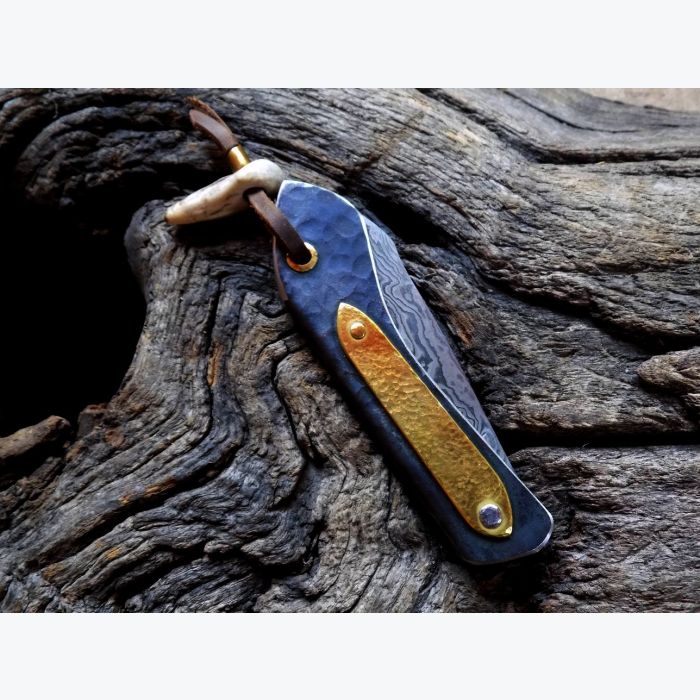 Couteau pliant 2 clous, lame damas & manche en Inox & Laiton