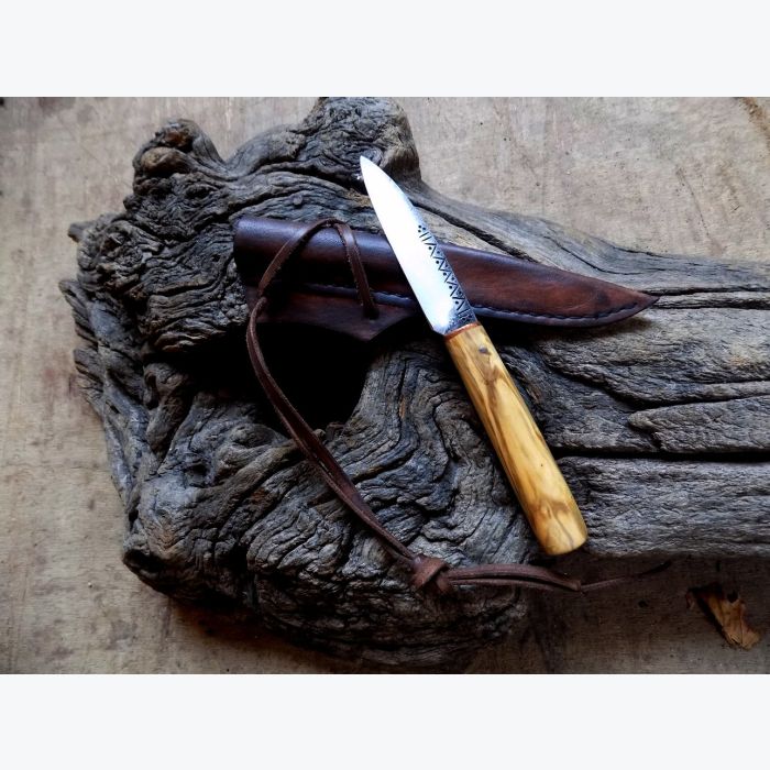 Petit Couteau droit en Buis et Cuivre, Lame gravée