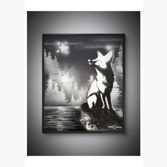 "Sous l’étoile immobile" - Tableau fait à l'aérosol - fait main - série noire et blanc