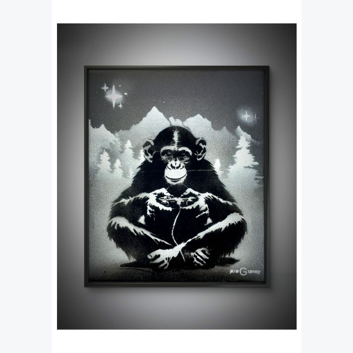 "Loin du vrai monde"- tableau fait à l'aérosol - fait main - série noire et blanc