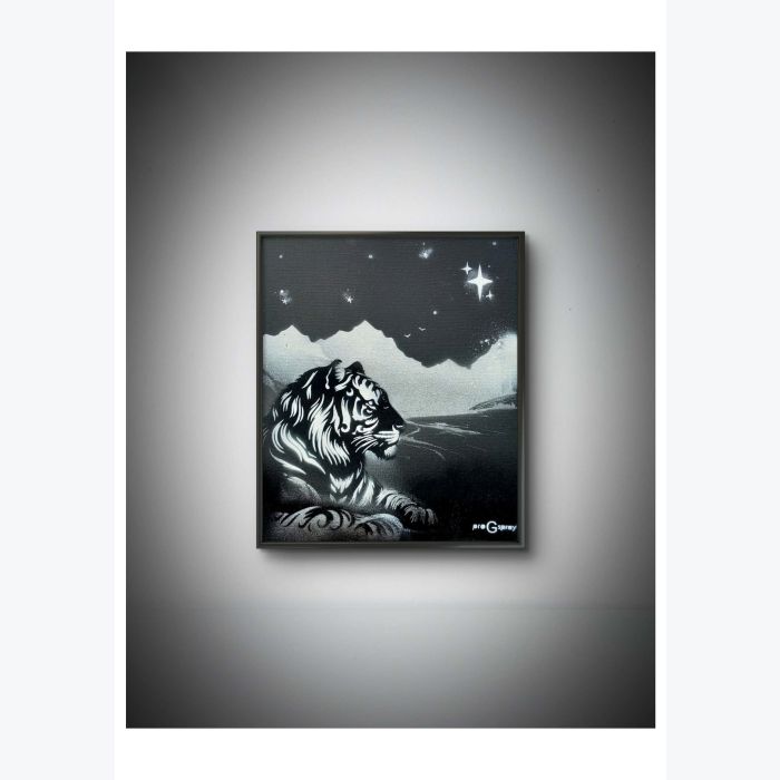 "Gardien des hauteurs" - Tableau fait à l'aérosol - fait main - série noire et blanc