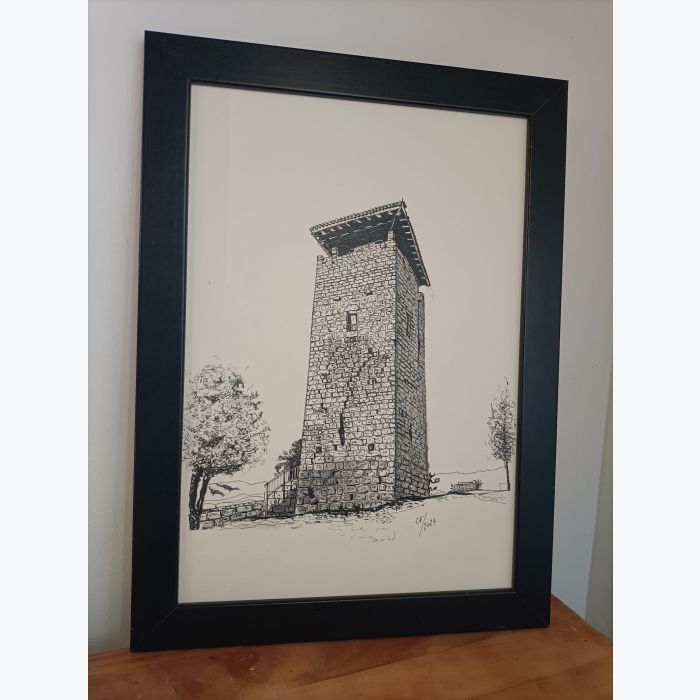 Dessin noir et blanc de la Tour de Brizon imprimé sur feuille écru