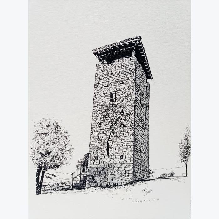 Dessin noir et blanc de la Tour de Brizon imprimé sur feuille écru
