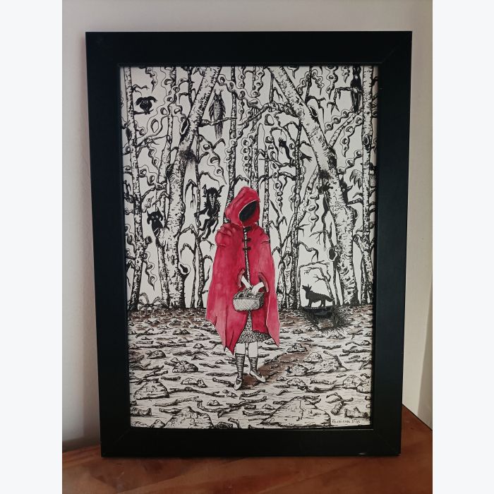 Dessin aquarelles et feutres "le petit chaperon rouge" - original