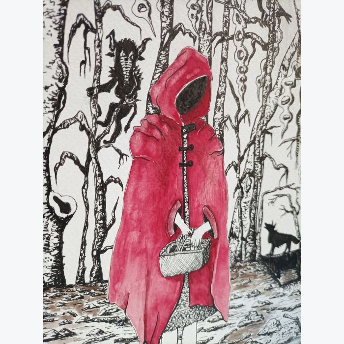 Dessin aquarelles et feutres "le petit chaperon rouge" - original