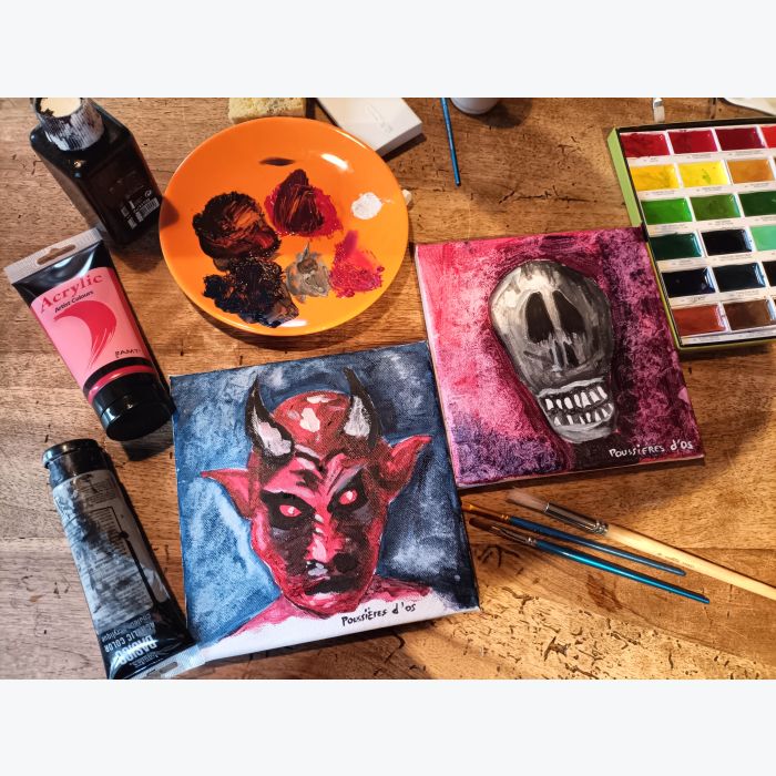 Lot de deux peinture toiles : diable et tête de mort