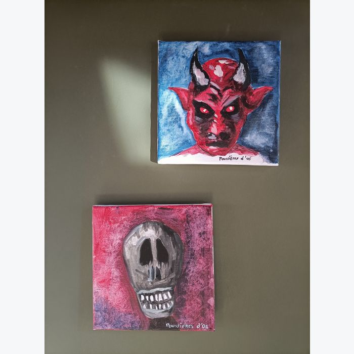 Lot de deux peinture toiles : diable et tête de mort