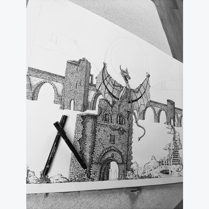 Dessin feutre sur feuille papier : viking, médiéval, dragon...