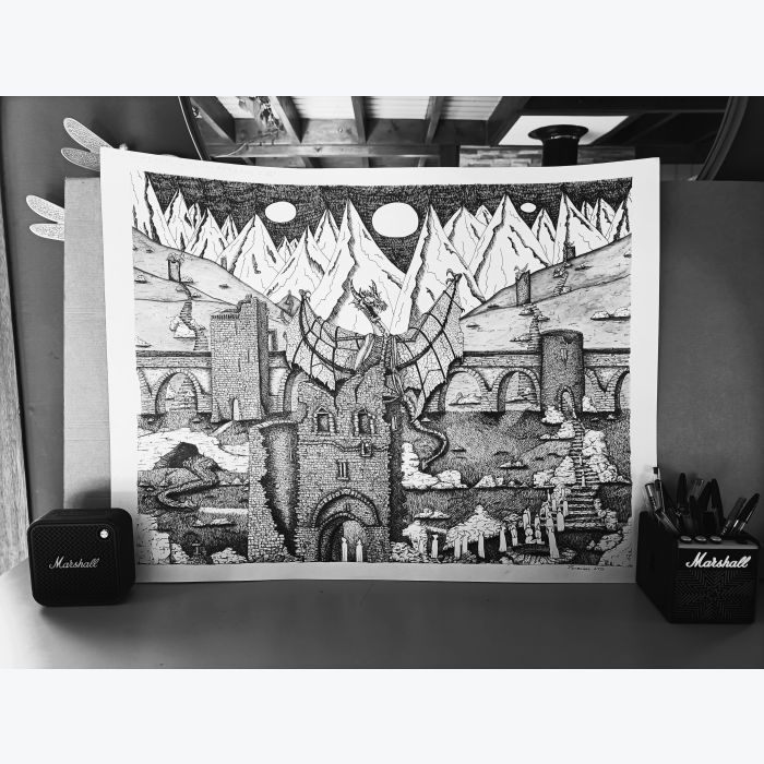 Dessin feutre sur feuille papier : viking, médiéval, dragon...