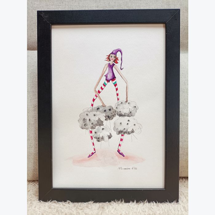 Peinture aquarelle : féé qui danse avec les nuages