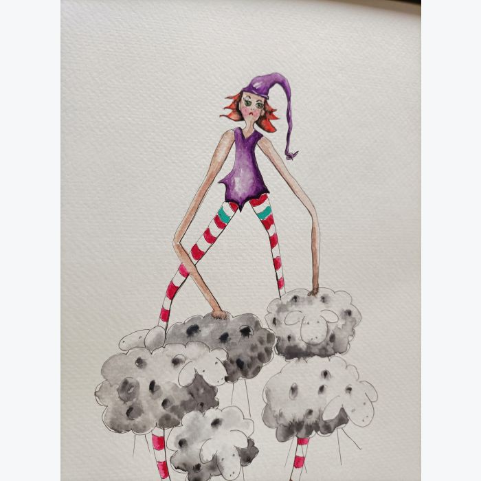 Peinture aquarelle : féé qui danse avec les nuages