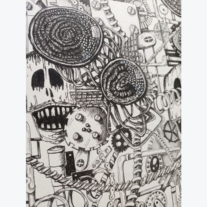 Dessin aux feutres noirs : tête de morts, mécanisme