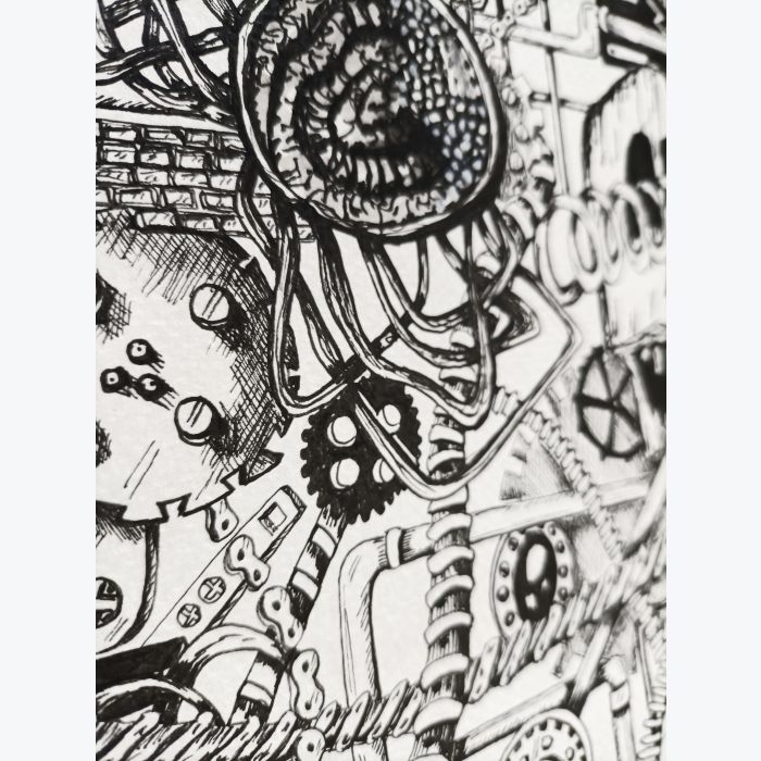 Dessin aux feutres noirs : tête de morts, mécanisme