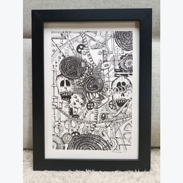 Dessin aux feutres noirs : tête de morts, mécanisme