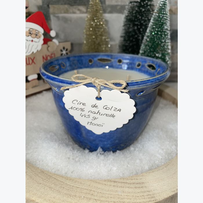 Bougie artisanale bleue, parfumée senteur monoï