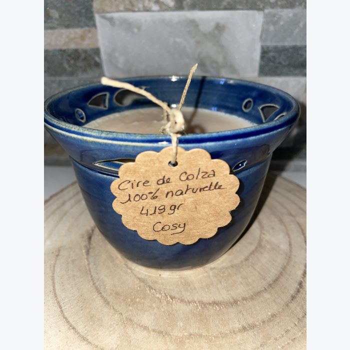 Bougie artisanale bleue, parfumée senteur cosy