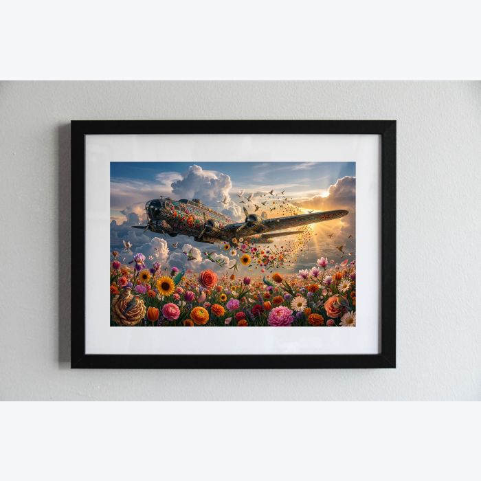 Photo encadrée d'un bombardier américain style "PEACE AND LOVE"