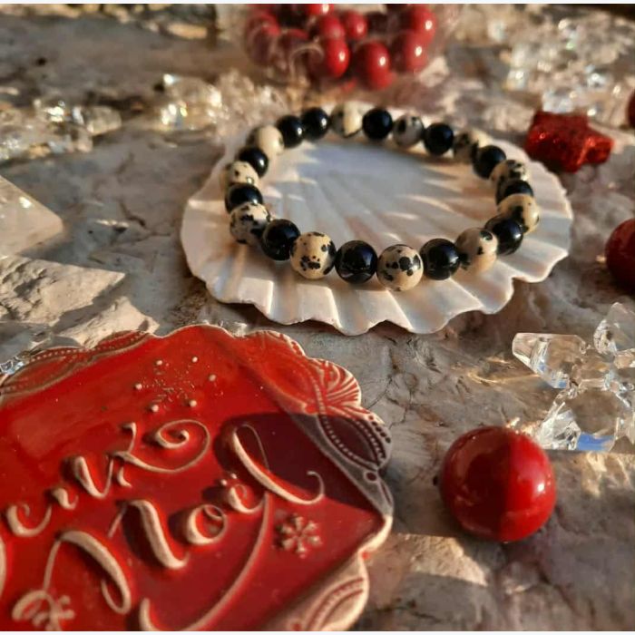 Bracelet en jaspe dalmatien et obsidienne