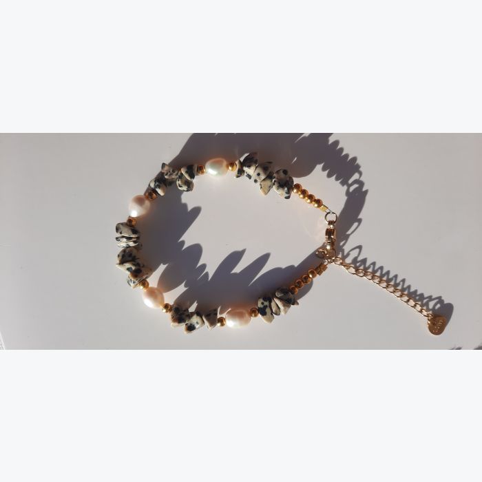 Bracelet en pierres naturelles de jaspe dalmatien et nacre