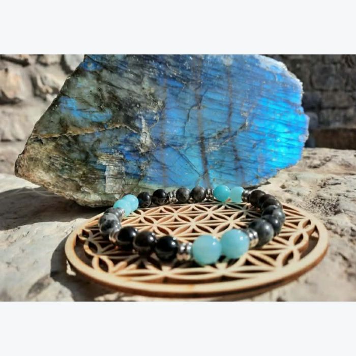 Bracelet en labradorite, amazonite et obsidienne