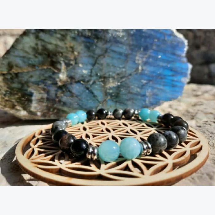 Bracelet en labradorite, amazonite et obsidienne