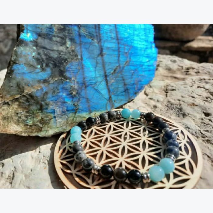 Bracelet en labradorite, amazonite et obsidienne