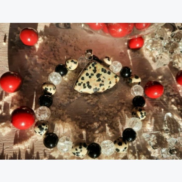 Bracelet en jaspe dalmatien, obsidienne et cristal de roche