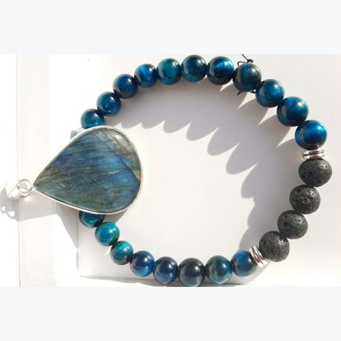 Bracelet en oeil de tigre bleu et lave