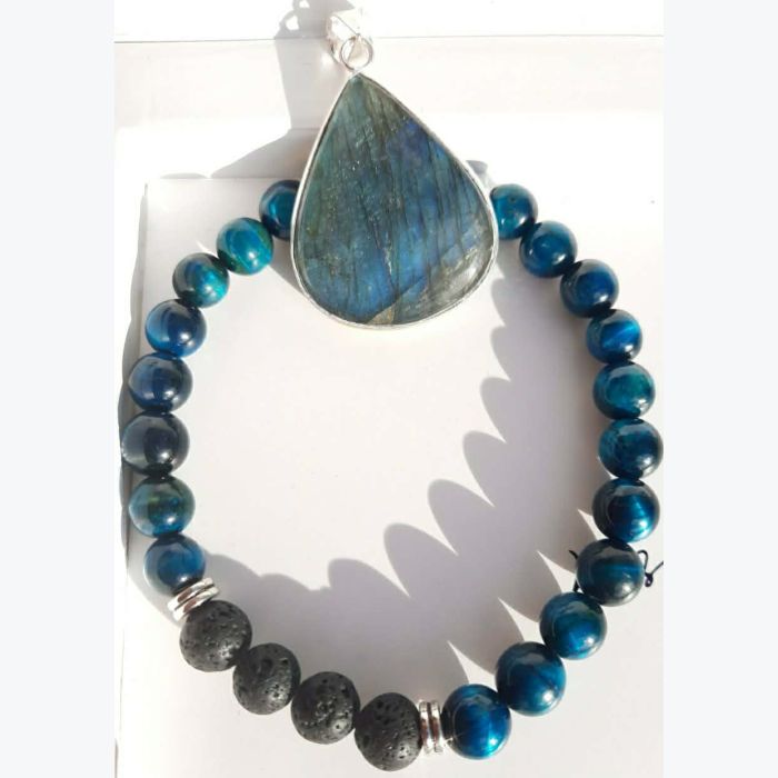 Bracelet en oeil de tigre bleu et lave