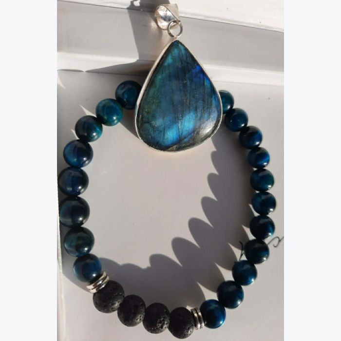 Bracelet en oeil de tigre bleu et lave