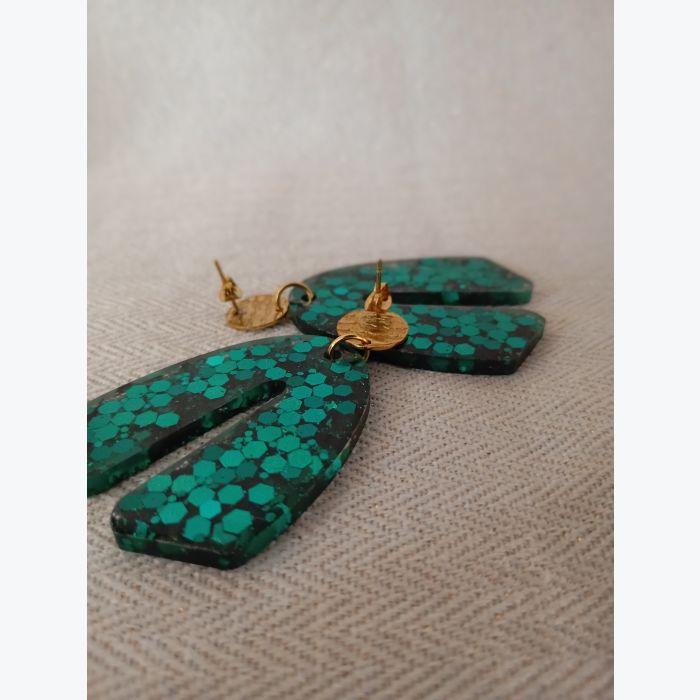 Boucles d'oreilles pendantes vert émeraude pailleté