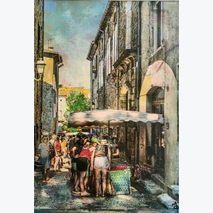 Marché d'Aubenas : tableau ou s'entrecroisent peinture et photo