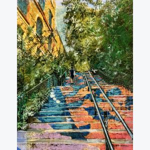 Lyon, les escaliers de la Croix Rousse : tableau ou s'entrecroisent peinture et photo