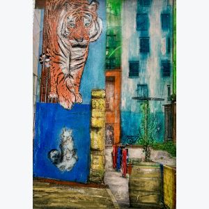 Ménilmontant, street art : tableau ou s'entrecroisent peinture et photo