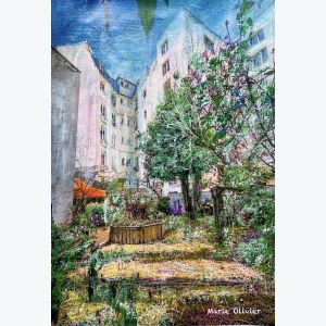 Ménilmontant, jardin partagé : tableau ou s'entrecroisent peinture et photo